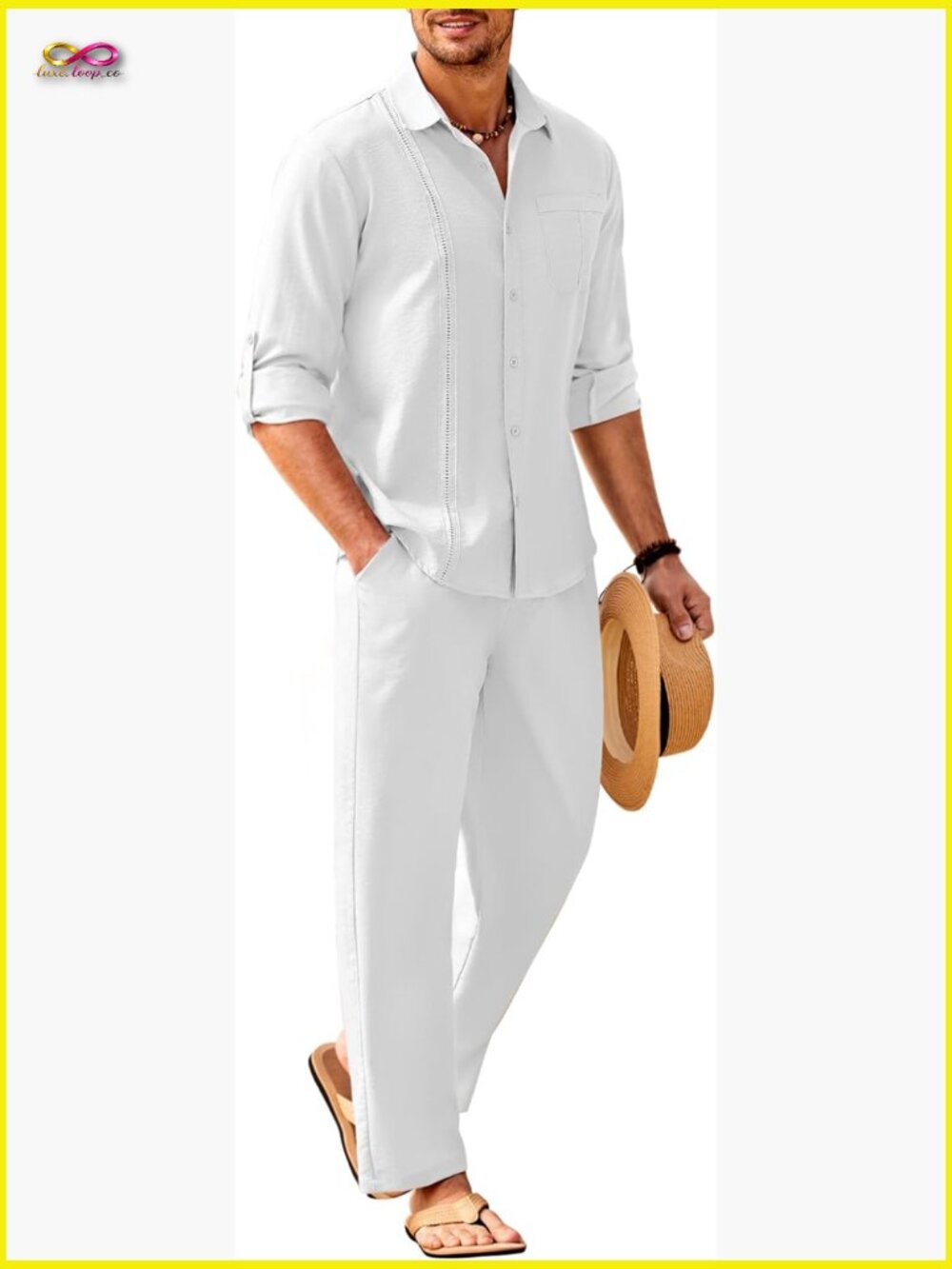 Men's Linen Beach 2 Piece Outfit Button Down Shirt & Elastic Waist Pants Set